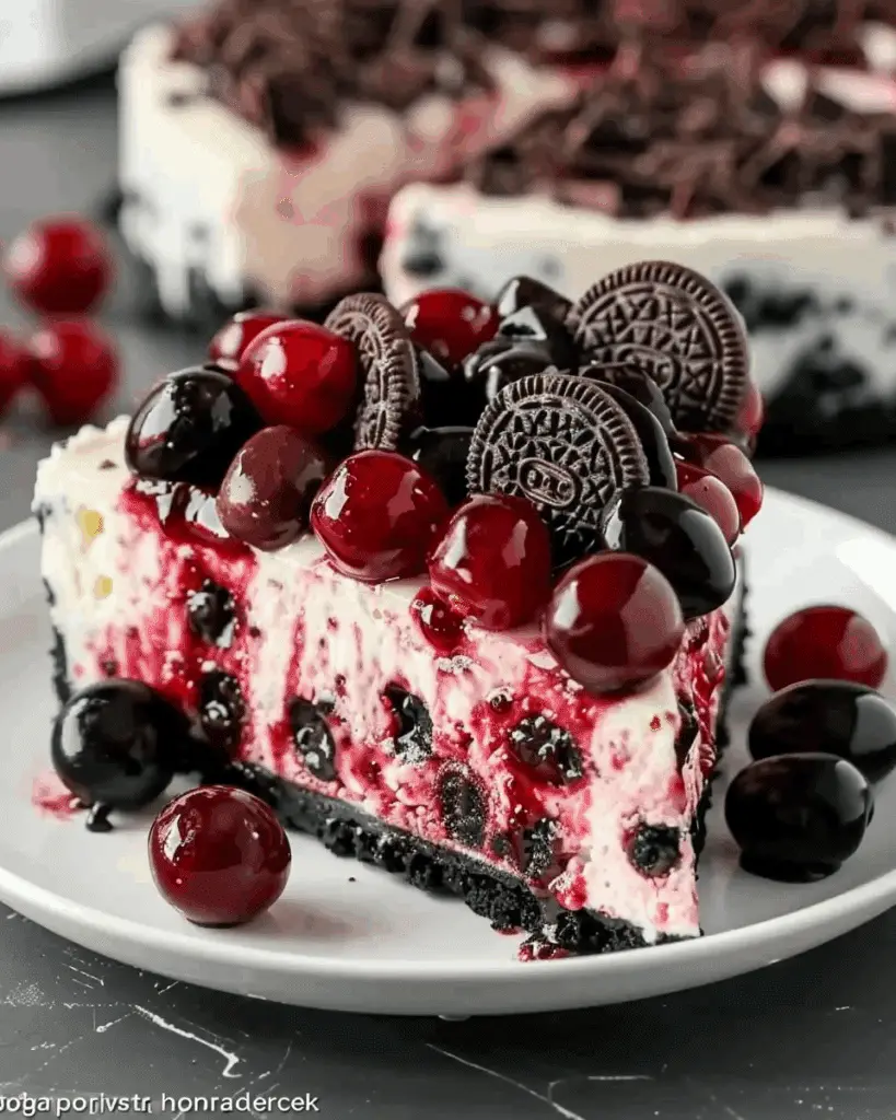 Oreo Cherry Chocolate Chip No-Bake Cheesecake