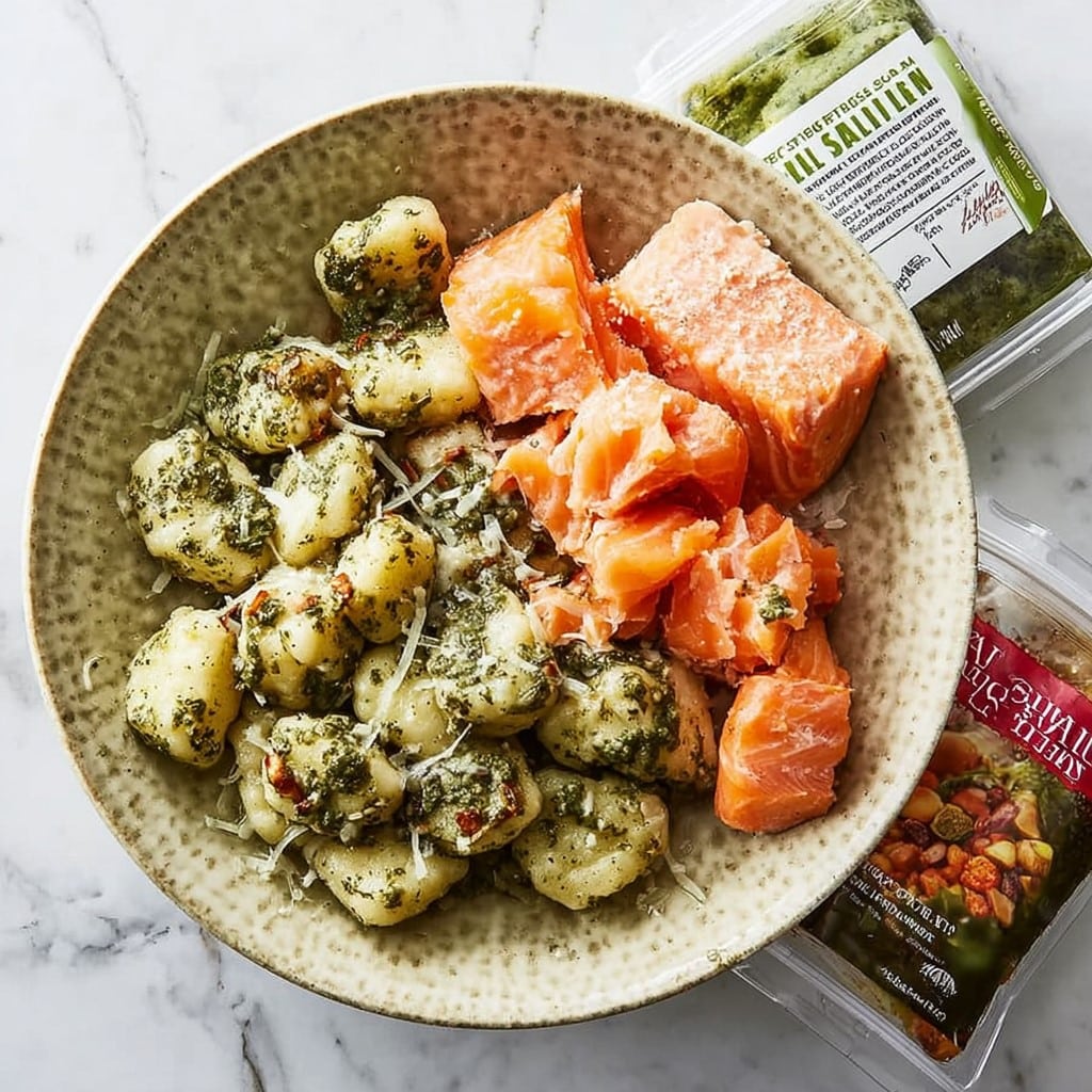 Trader Joe’s Cauliflower Gnocchi with Pesto Salmon