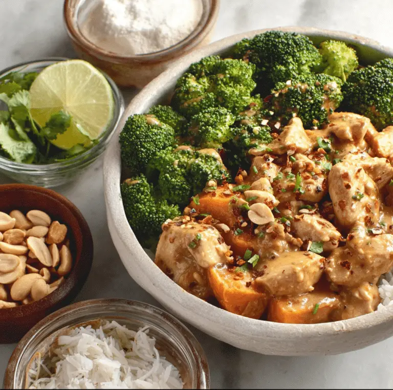 Peanut Chicken Sweet Potato and Broccoli Bowls