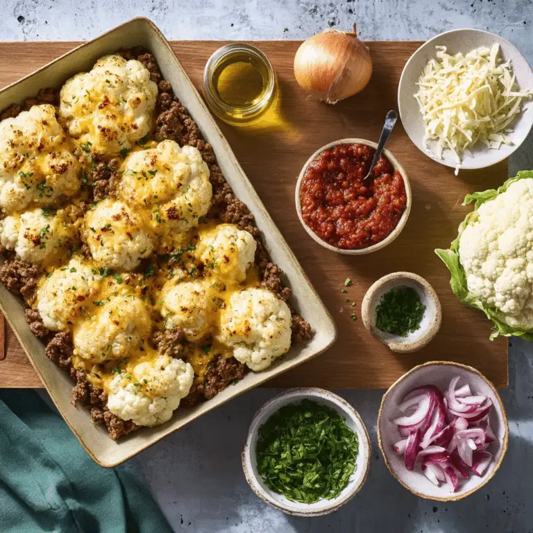 Cheesy Ground Beef & Cauliflower Casserole