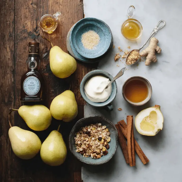 Poached Pear Recipe with Ginger Cream and Gingersnap Oat Crisp