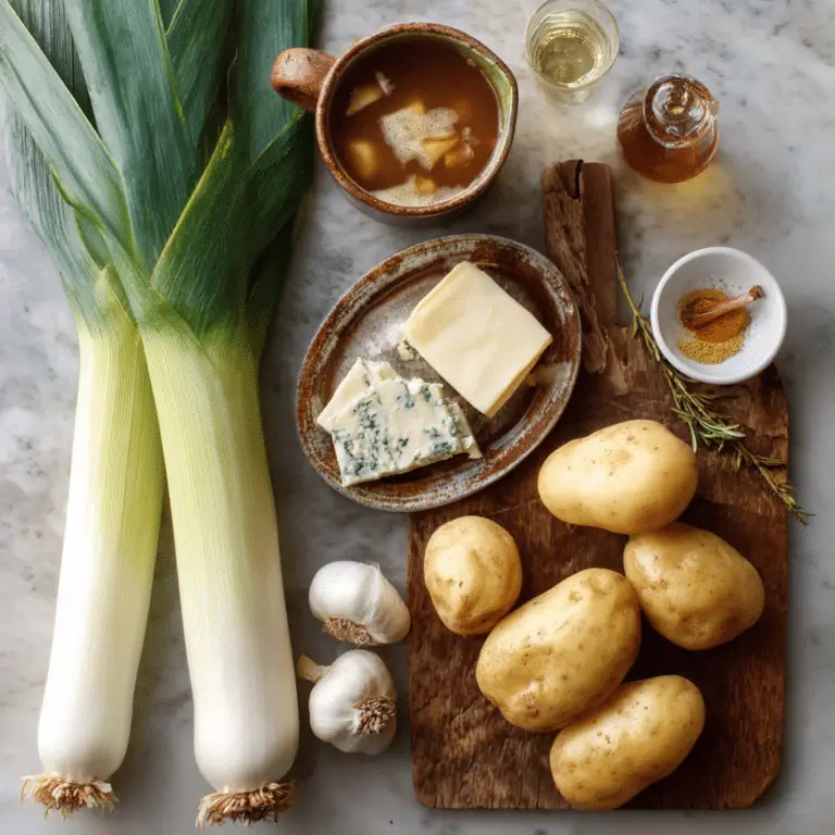 Festive Leek and Potato Soup with Blue Cheese and Roasted Garlic